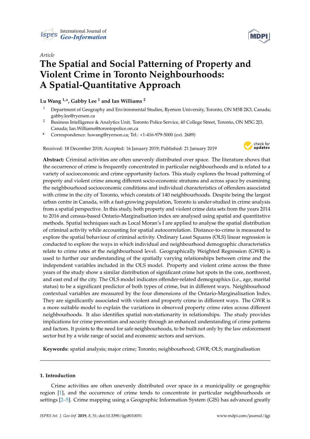 The Spatial and Social Patterning of Property and Violent Crime in Toronto Neighbourhoods: a Spatial-Quantitative Approach
