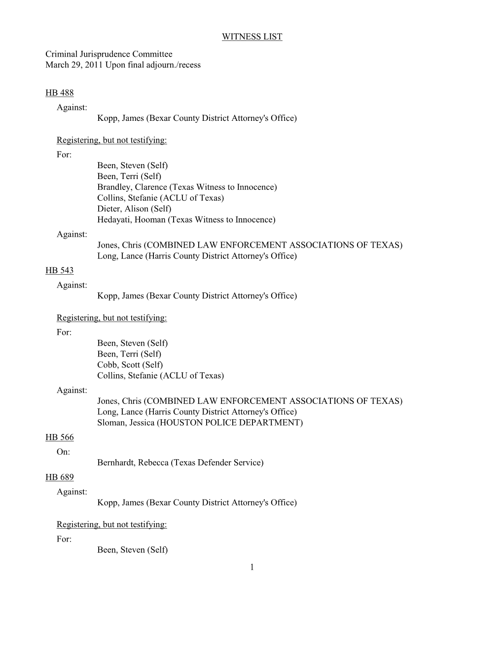 WITNESS LIST Criminal Jurisprudence Committee March 29, 2011 Upon Final Adjourn./Recess