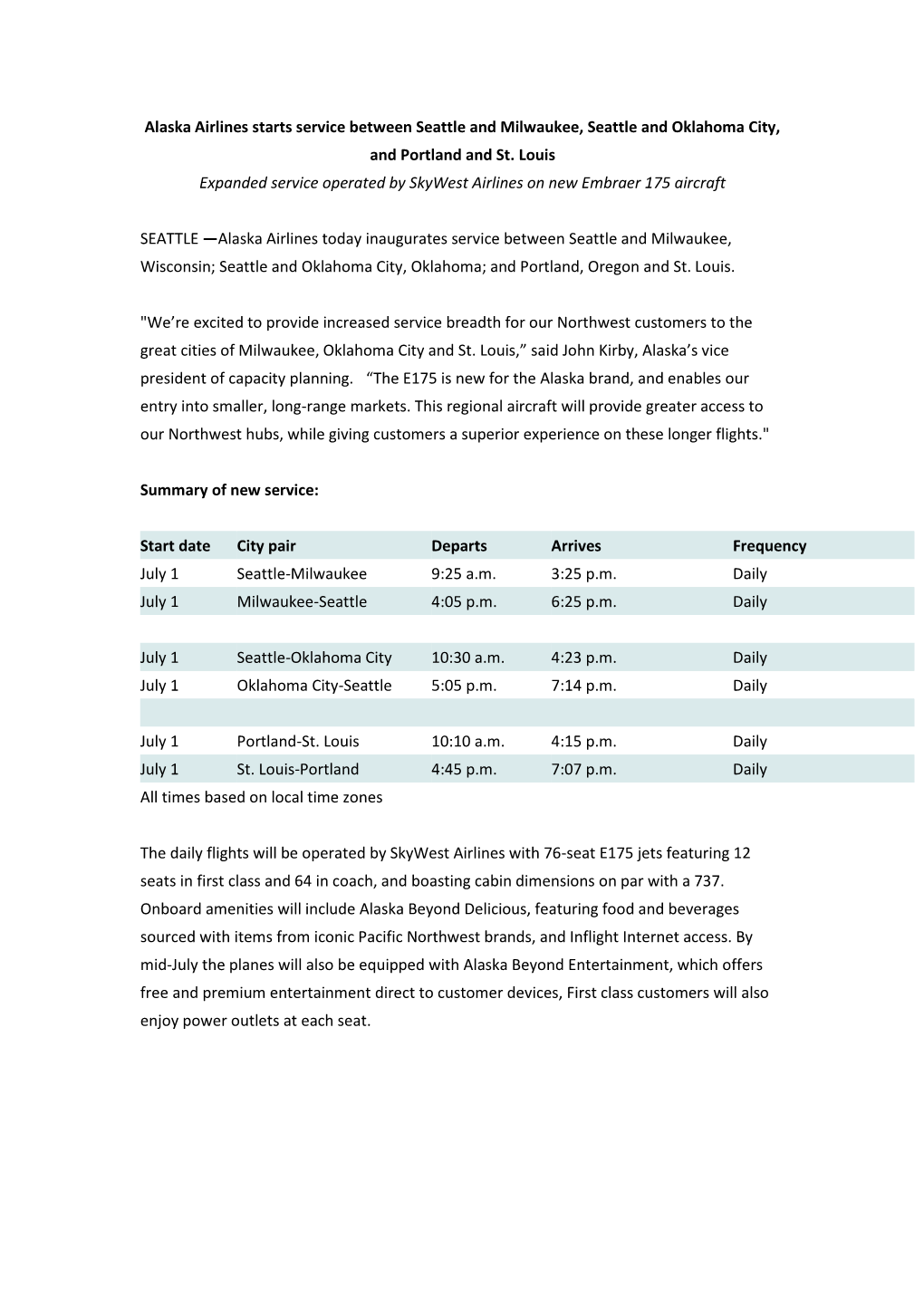 Alaska Airlines Starts Service Between Seattle and Milwaukee, Seattle and Oklahoma City, and Portland and St. Louis Expanded