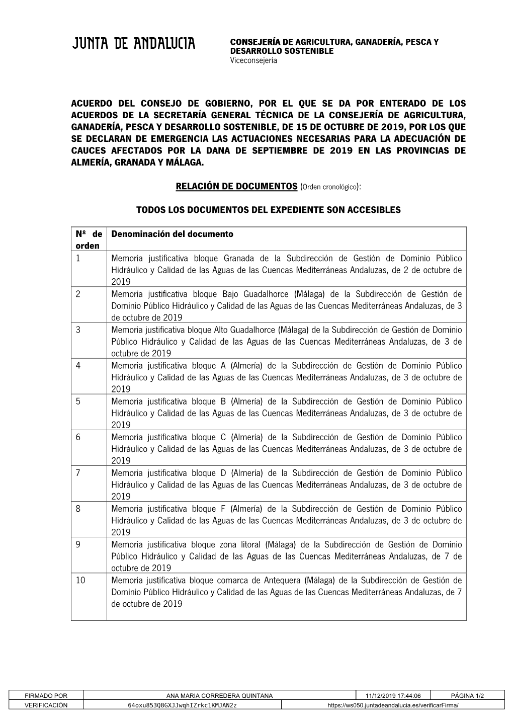 Expediente Acuerdo CG Se Da Por Enterado Declaración Emergencia Adecuación Cauces En Almería, Granada Y Málaga