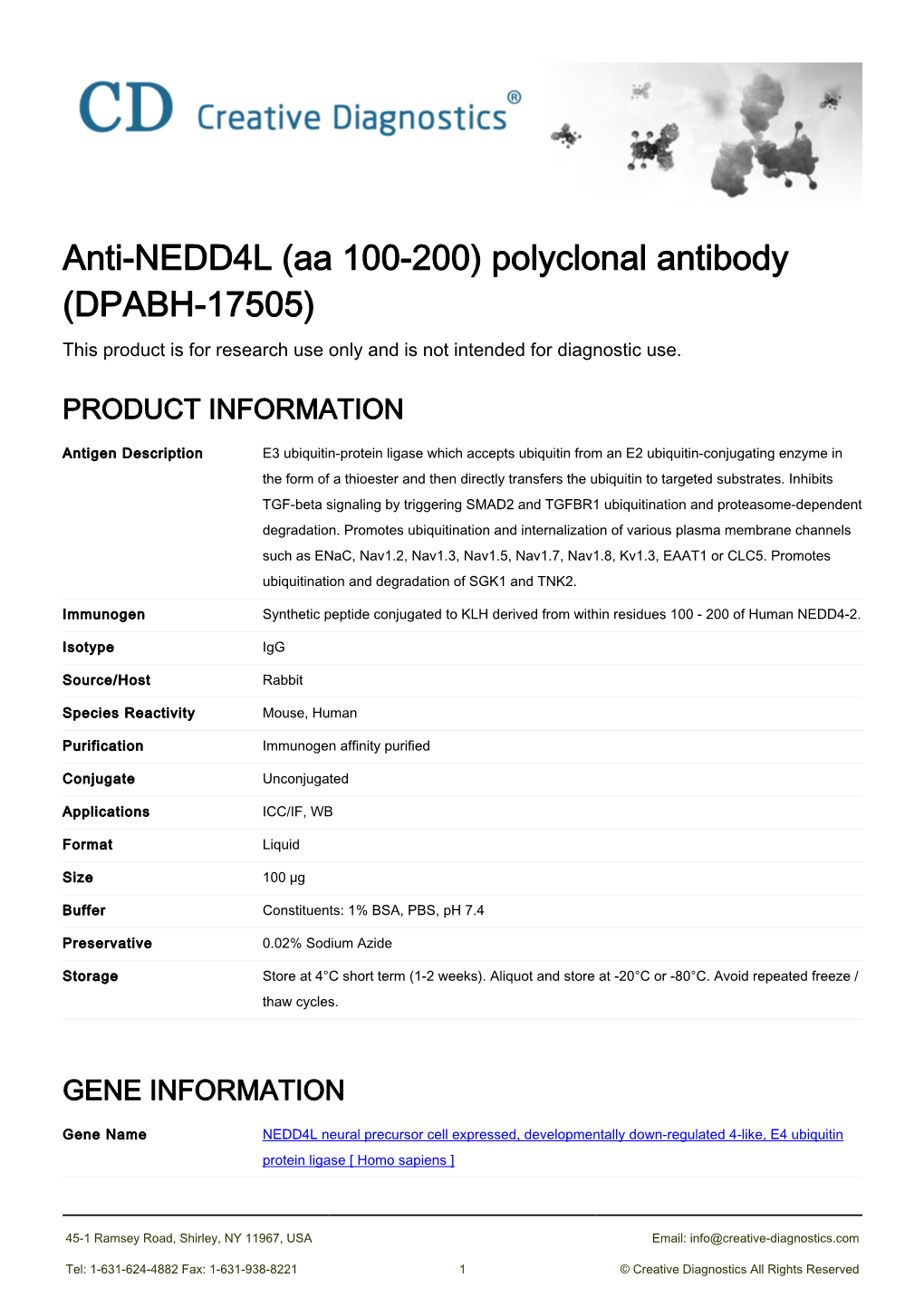 Anti-NEDD4L (Aa 100-200) Polyclonal Antibody (DPABH-17505) This Product Is for Research Use Only and Is Not Intended for Diagnostic Use