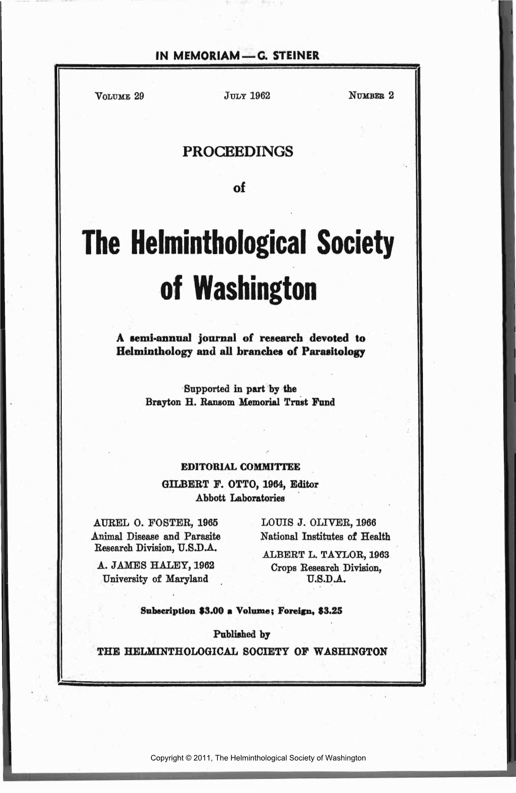 Proceedings of the Helminthological Society of Washington 29(2) 1962