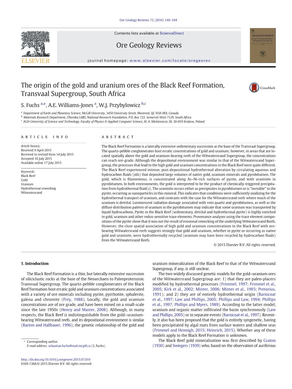 The Origin of the Gold and Uranium Ores of the Black Reef Formation, Transvaal Supergroup, South Africa