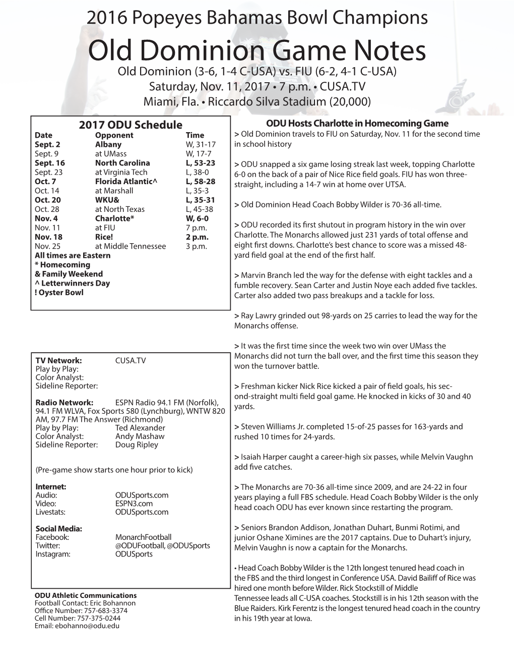 Old Dominion Game Notes Old Dominion (3-6, 1-4 C-USA) Vs