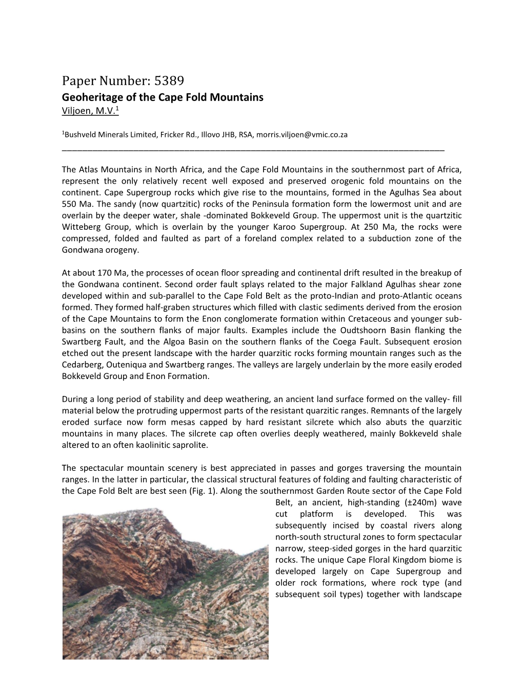 Paper Number: 5389 Geoheritage of the Cape Fold Mountains Viljoen, M.V.1