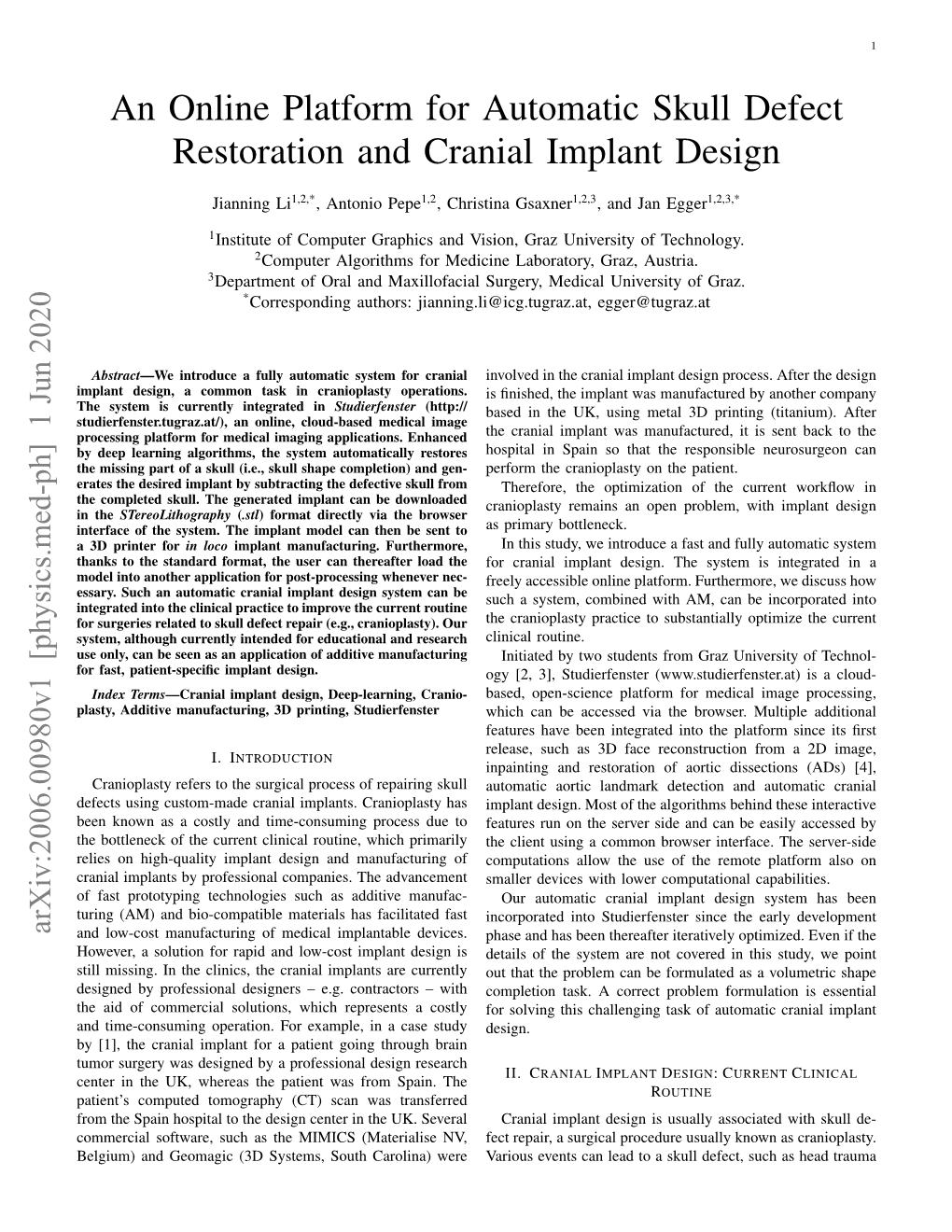 An Online Platform for Automatic Skull Defect Restoration and Cranial Implant Design