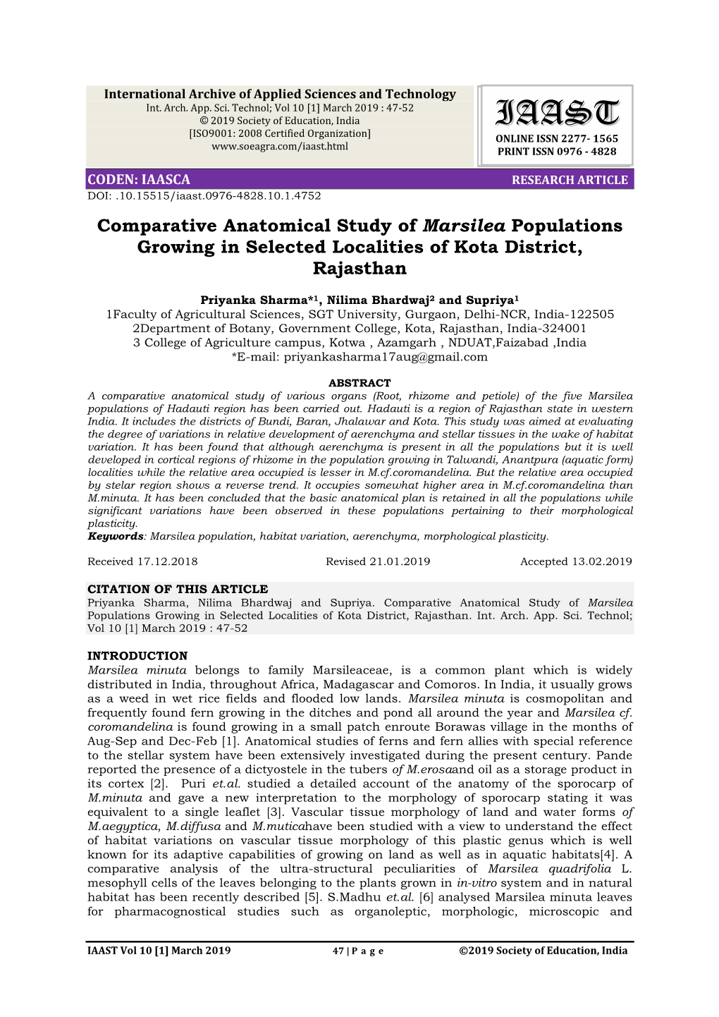 Comparative Anatomical Study of Marsilea Populations Growing in Selected Localities of Kota District, Rajasthan