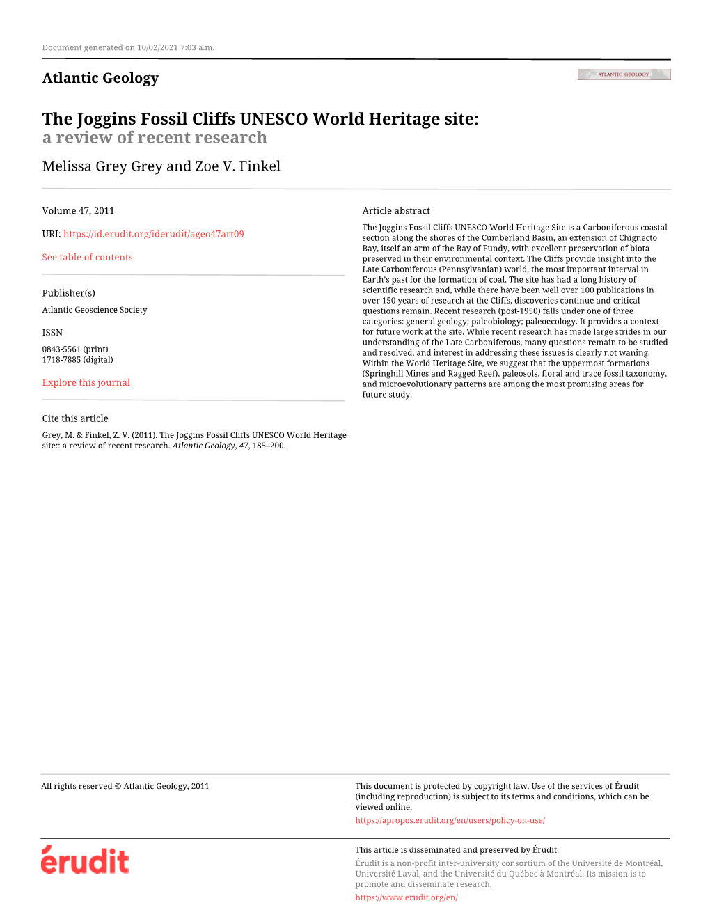 The Joggins Fossil Cliffs UNESCO World Heritage Site: a Review of Recent Research Melissa Grey Grey and Zoe V