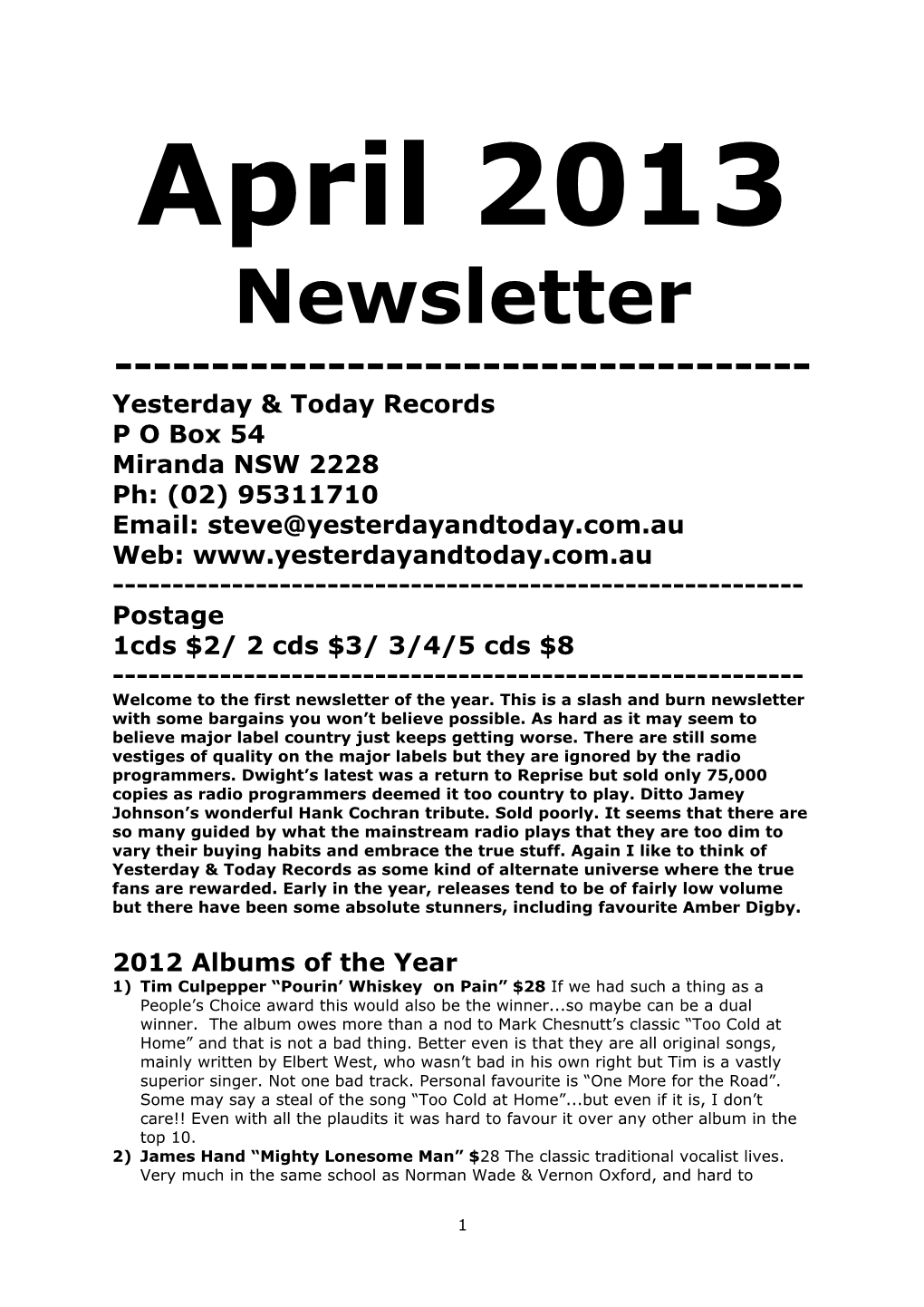 April 2013 Newsletter