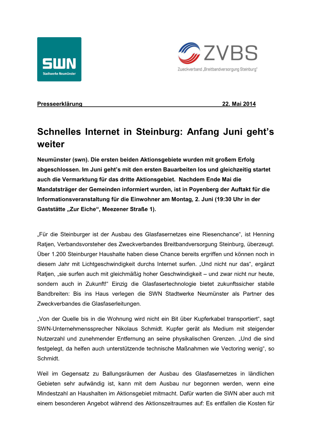 Schnelles Internet in Steinburg: Anfang Juni Geht's Weiter