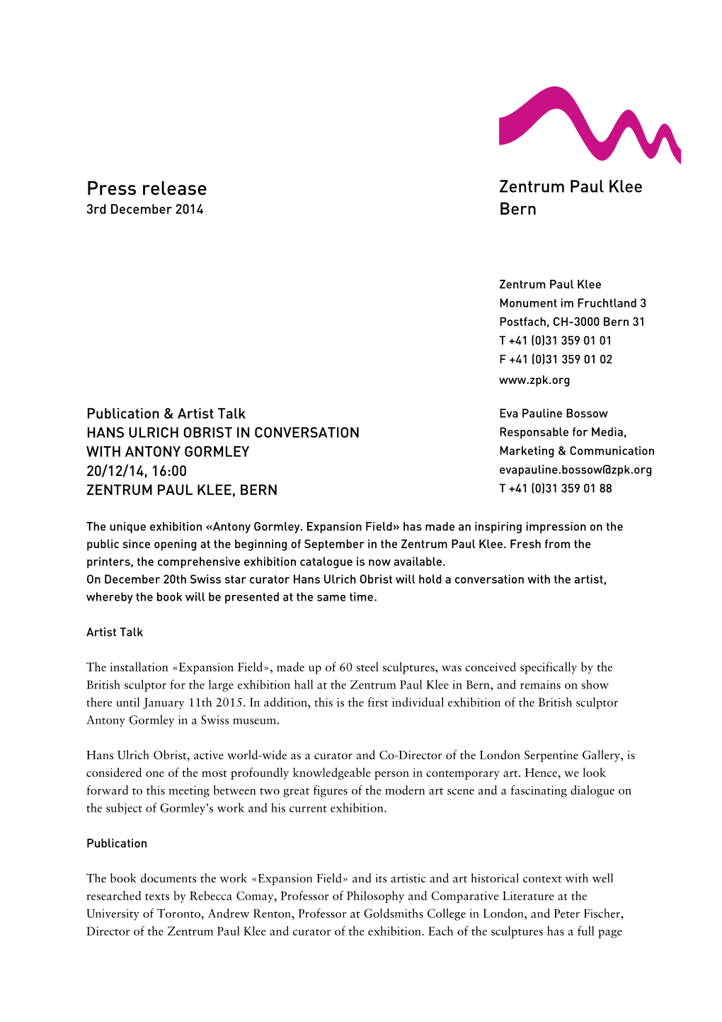 Press Release Zentrum Paul Klee 3Rd December 2014 Bern