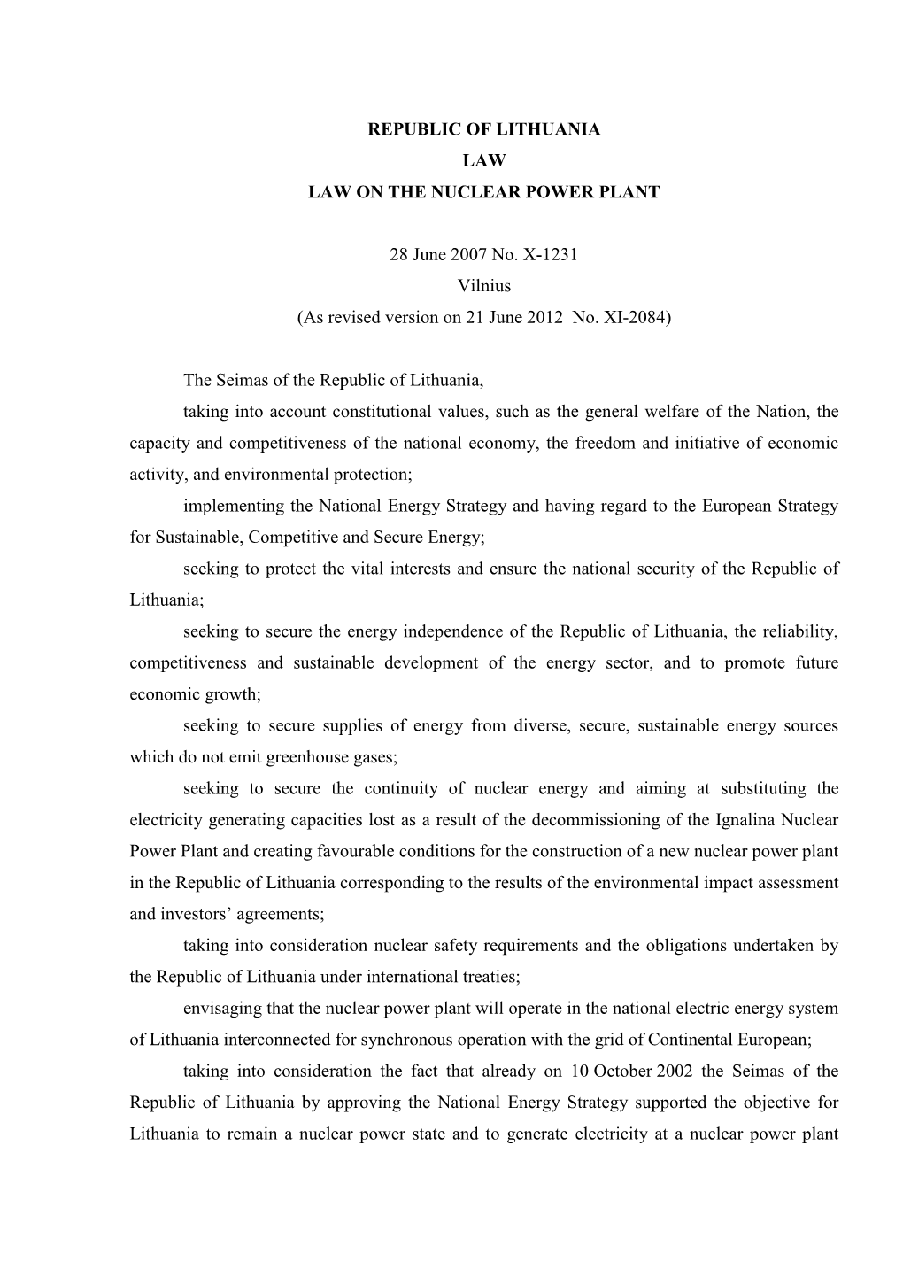 Republic of Lithuania Law Law on the Nuclear Power Plant