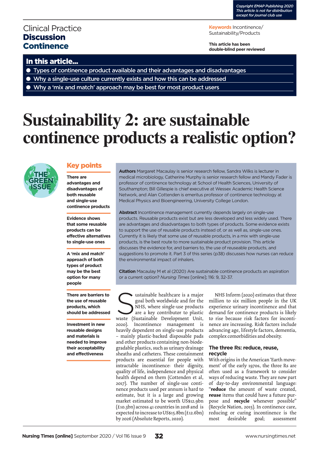 Are Sustainable Continence Products a Realistic Option?