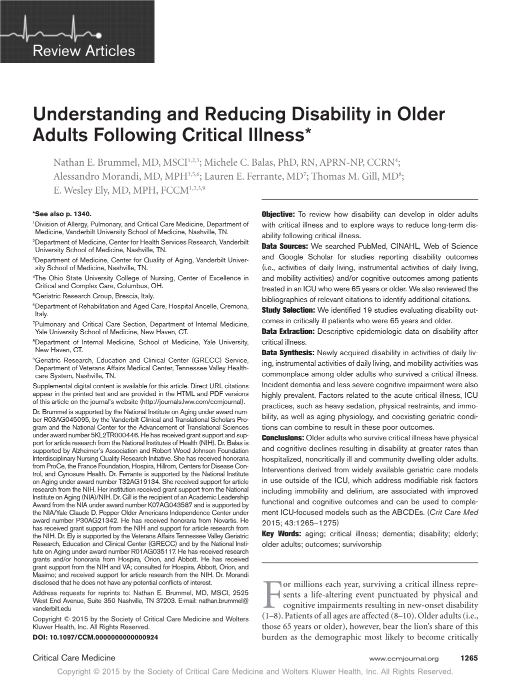 Understanding and Reducing Disability in Older Adults Following Critical Illness*