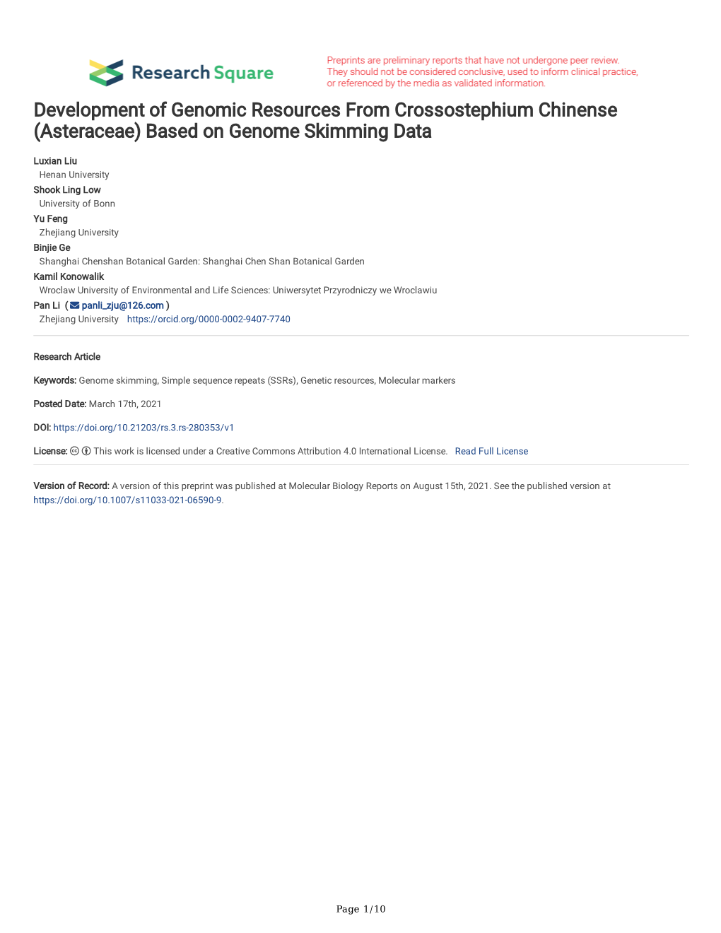 Development of Genomic Resources from Crossostephium Chinense (Asteraceae) Based on Genome Skimming Data