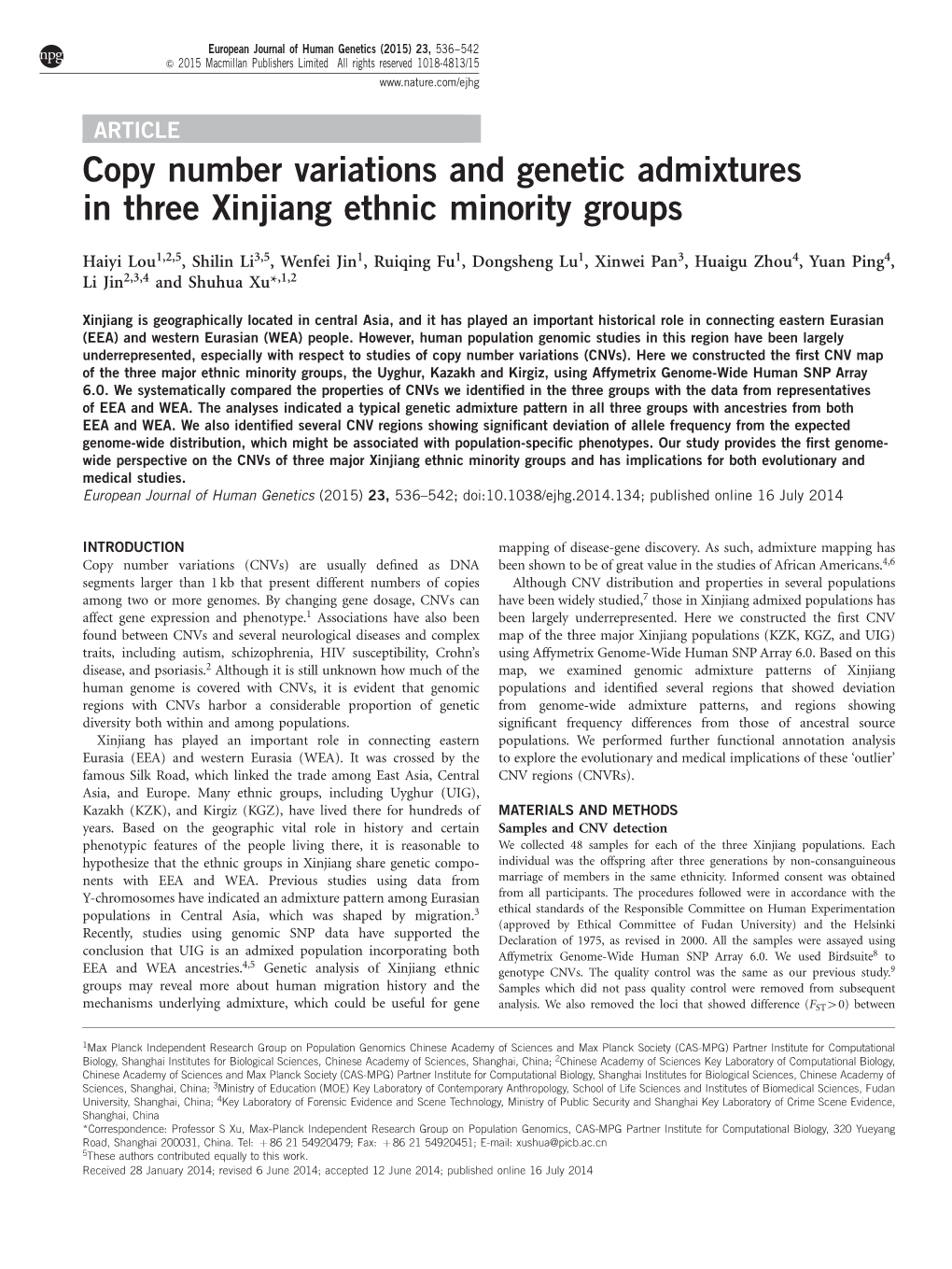 Copy Number Variations and Genetic Admixtures in Three Xinjiang Ethnic Minority Groups