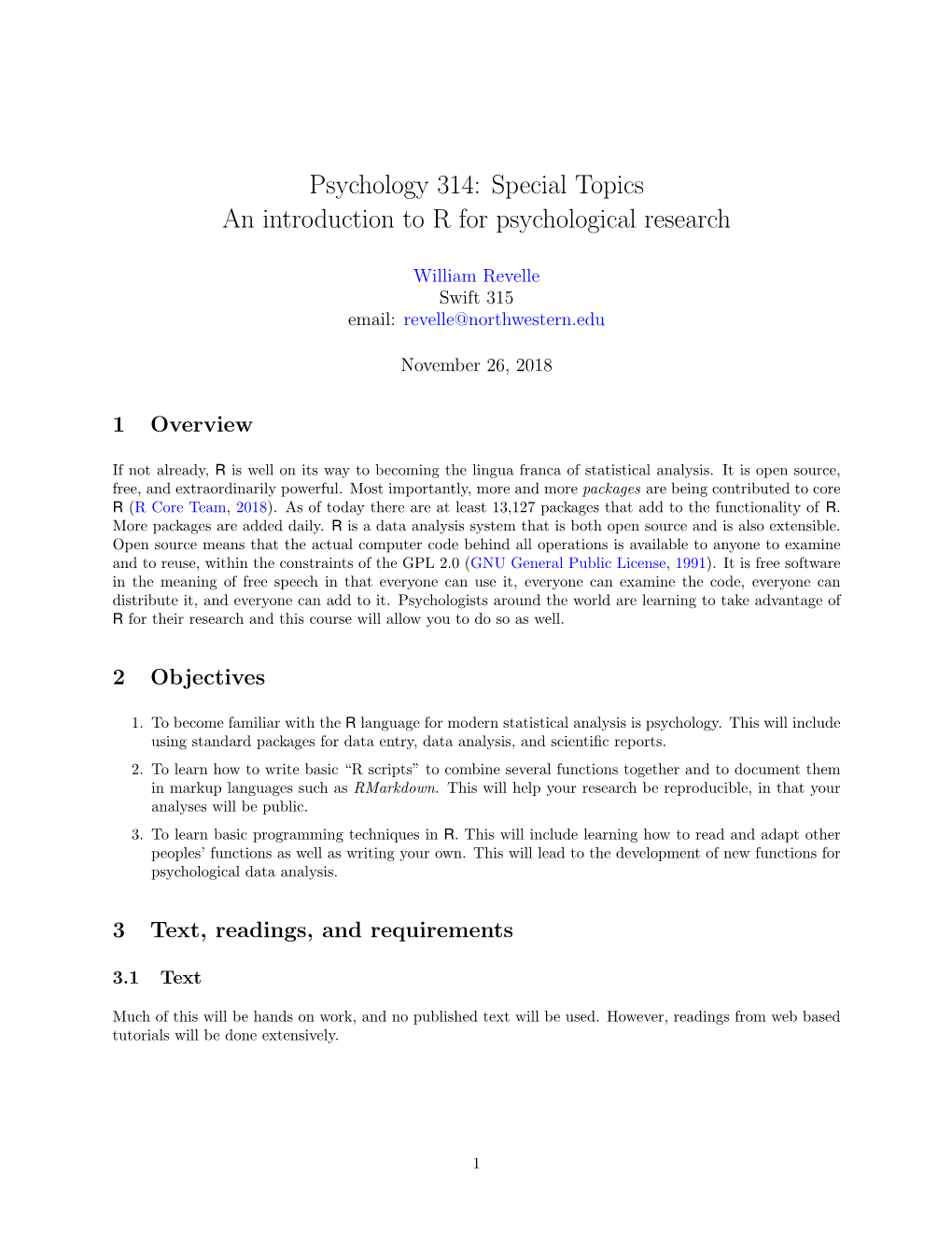 Psychology 314: Special Topics an Introduction to R for Psychological Research