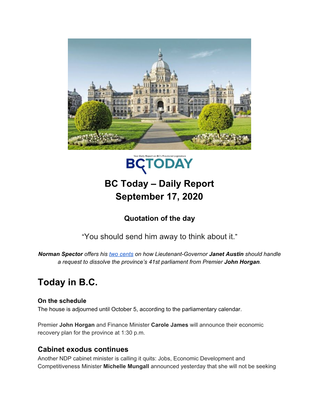 Daily Report September 17, 2020 Today in BC