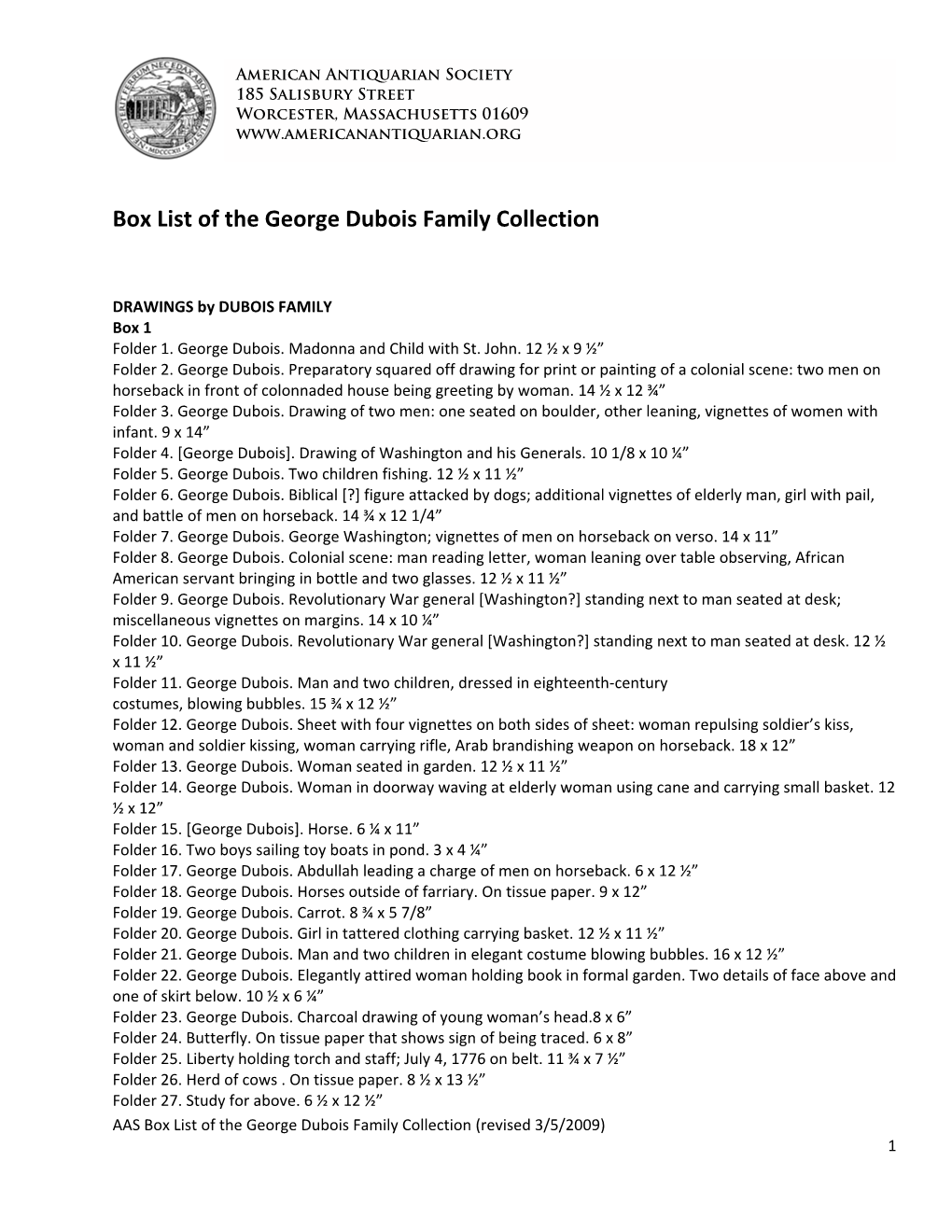 Box List of the George Dubois Family Collection