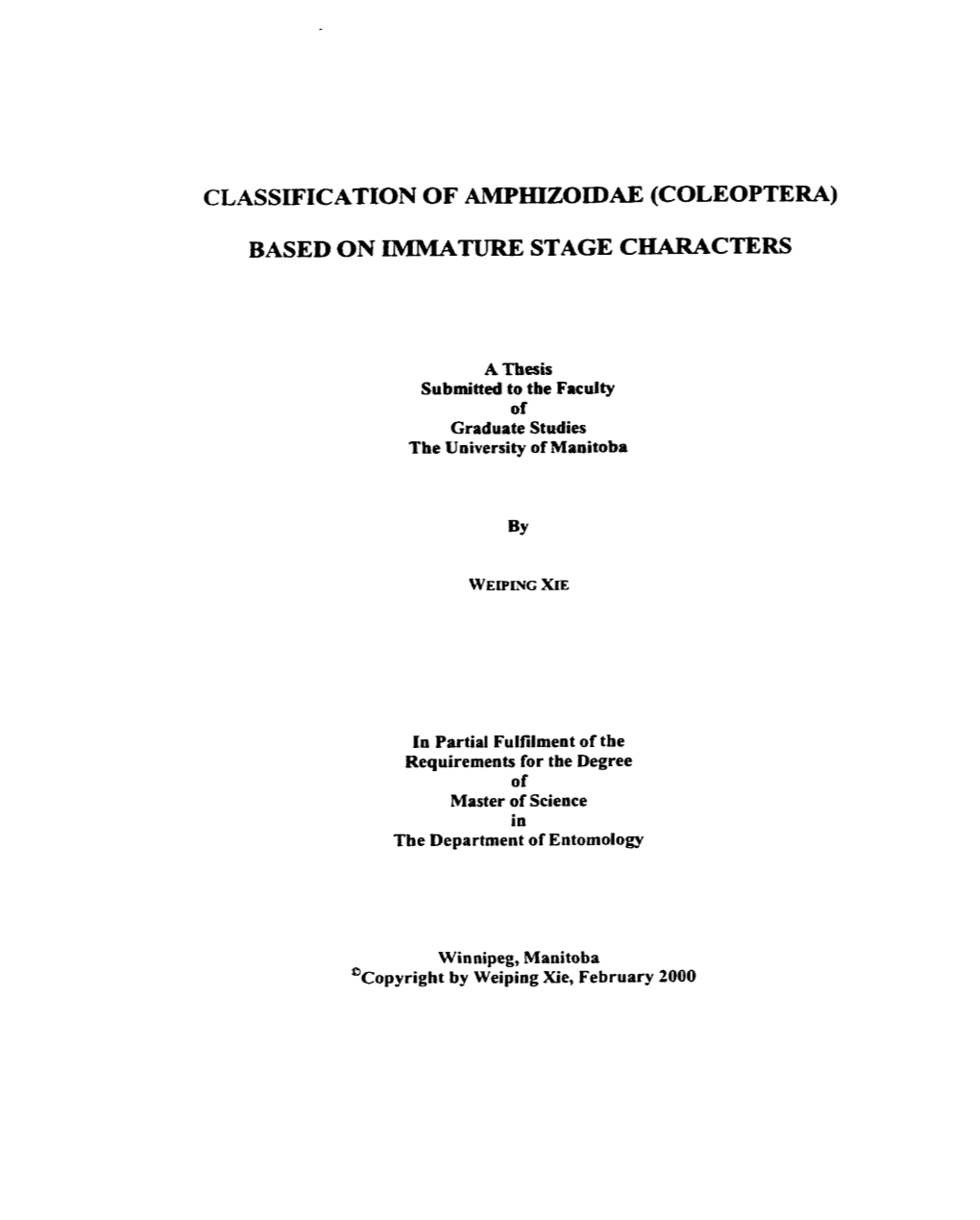 Classification of Amphizoidae (Coleoptera)