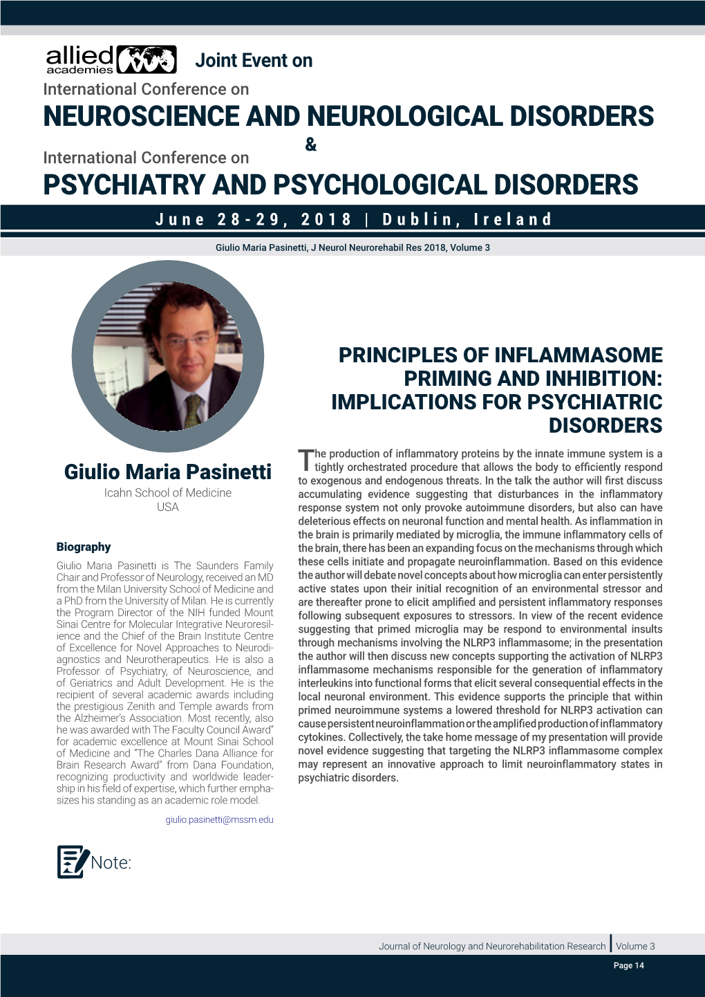 NEUROSCIENCE and NEUROLOGICAL DISORDERS & International Conference on PSYCHIATRY and PSYCHOLOGICAL DISORDERS June 28-29, 2018 | Dublin, Ireland