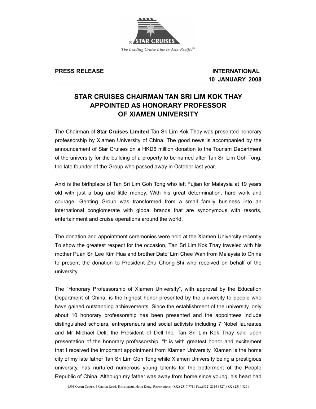 Star Cruises Chairman Tan Sri Lim Kok Thay Appointed As Honorary Professor of Xiamen University