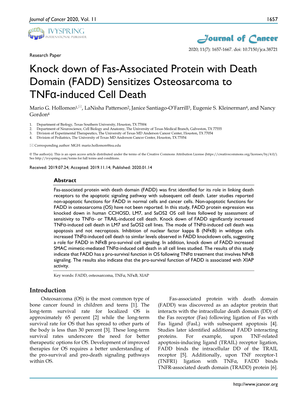 FADD) Sensitizes Osteosarcoma to Tnfα-Induced Cell Death Mario G