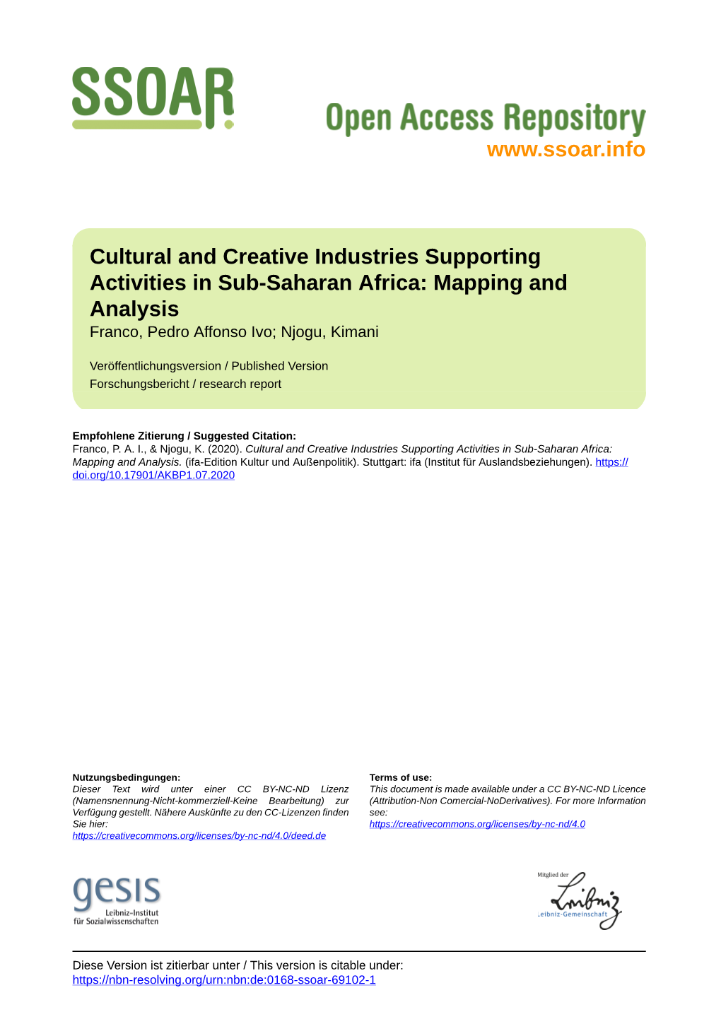 Cultural and Creative Industries Supporting Activities in Sub-Saharan Africa: Mapping and Analysis Franco, Pedro Affonso Ivo; Njogu, Kimani