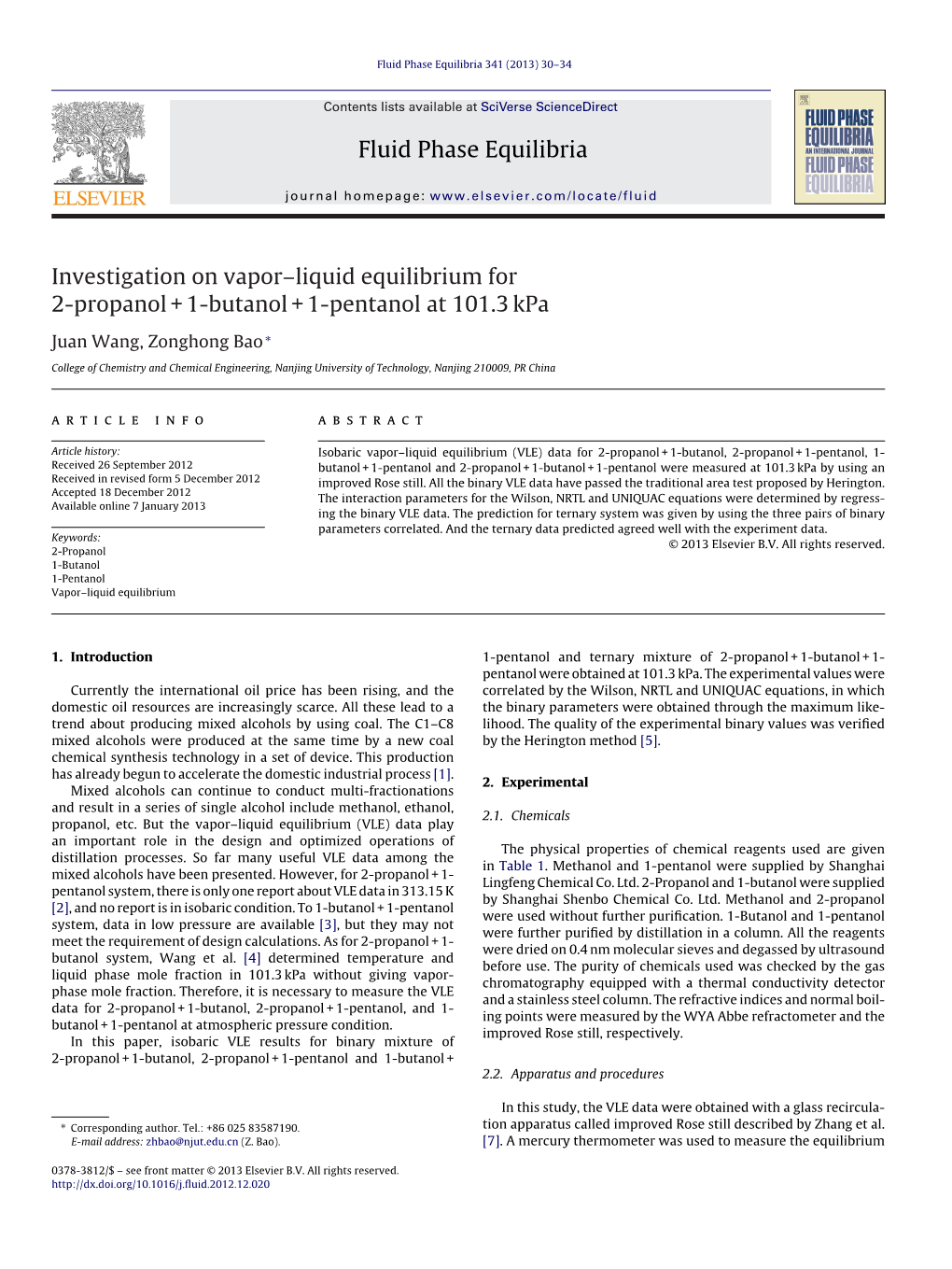 Investigation on Vapor–Liquid Equilibrium for 2-Propanol+1