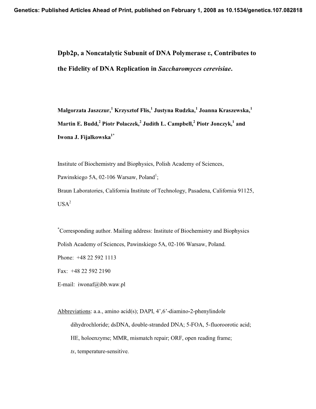 Dpb2p, a Noncatalytic Subunit of DNA Polymerase Ε, Contributes To