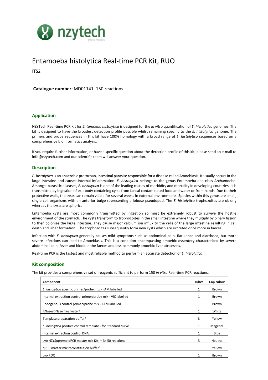 Entamoeba Histolytica Real-Time PCR Kit, RUO ITS2