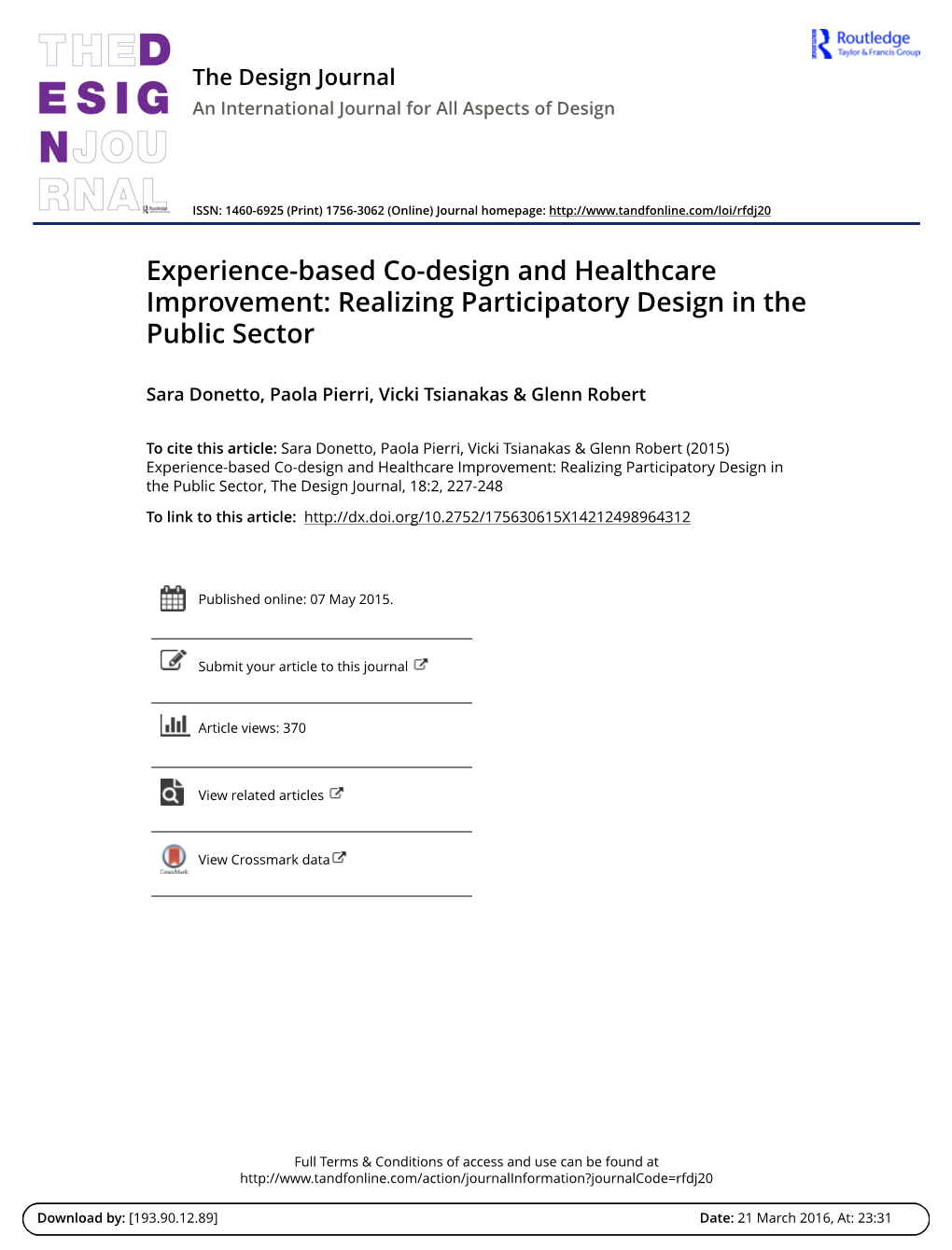 Experience-Based Co-Design and Healthcare Improvement: Realizing Participatory Design in the Public Sector