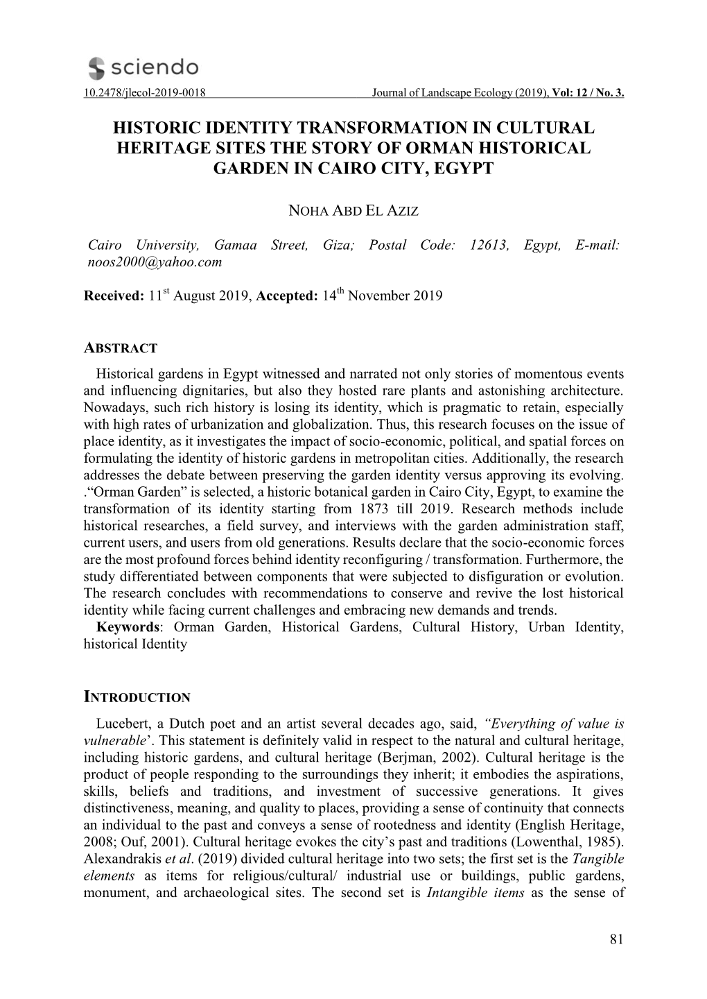 Historic Identity Transformation in Cultural Heritage Sites the Story of Orman Historical Garden in Cairo City, Egypt