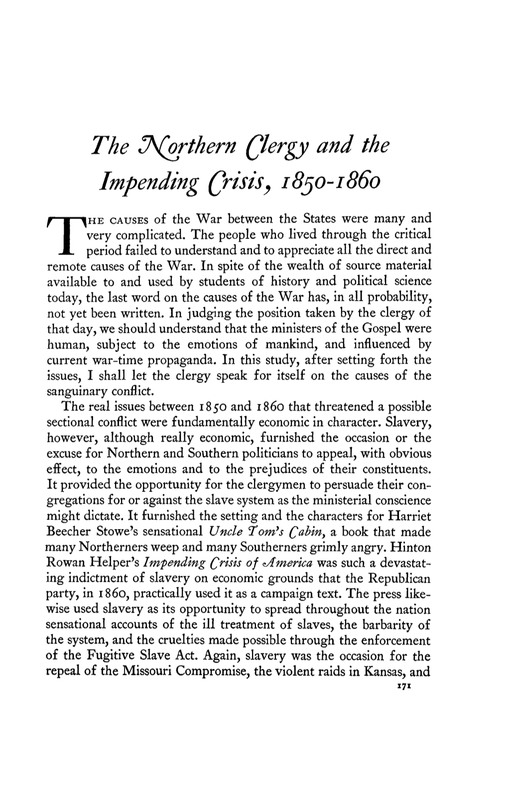 The Northern Qlergy and the Impending Qrisis, 1830-1860