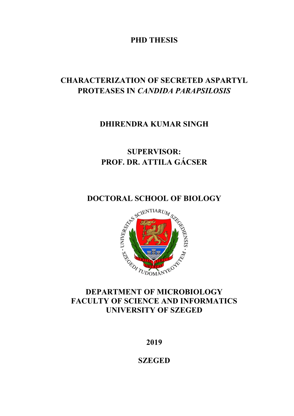 Phd Thesis Characterization of Secreted Aspartyl