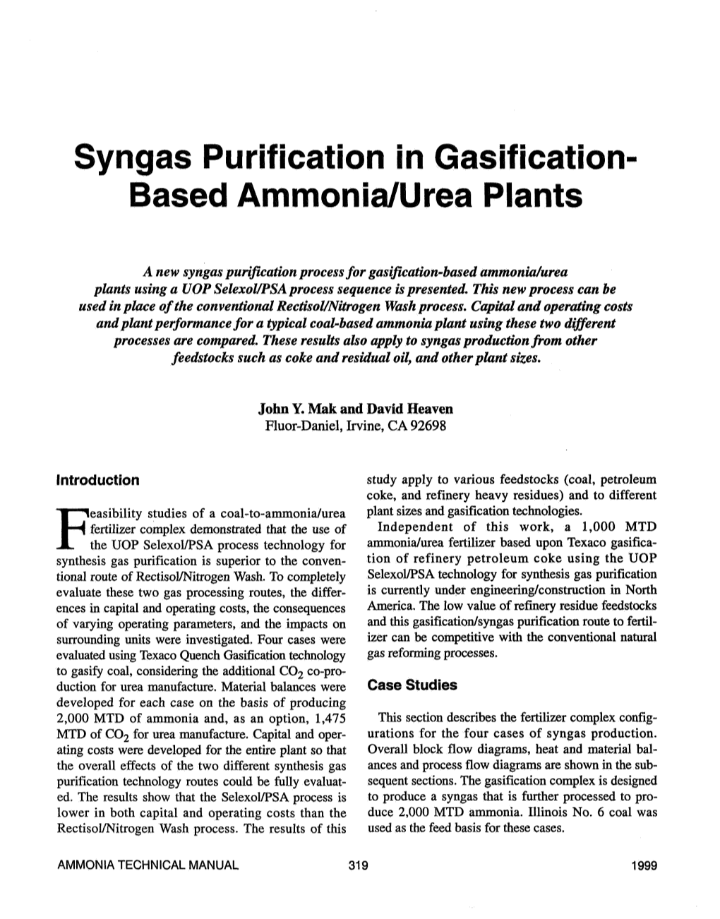 Syngas Purification in Based Ammonia/Urea Plants