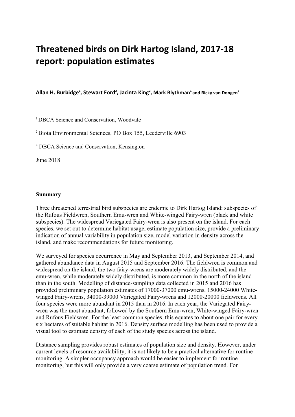 Threatened Birds on Dirk Hartog Island, 2017-18 Report: Population Estimates