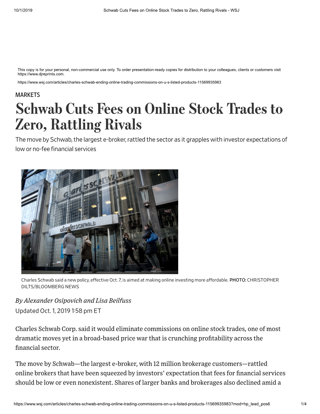 Schwab Cuts Fees on Online Stock Trades to Zero, Rattling Rivals - WSJ