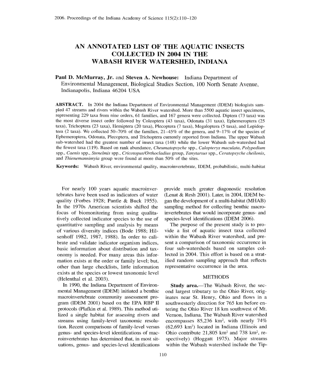 An Annotated List of the Aquatic Insect S Collected in 2004 in the Wabash River Watershed, Indiana