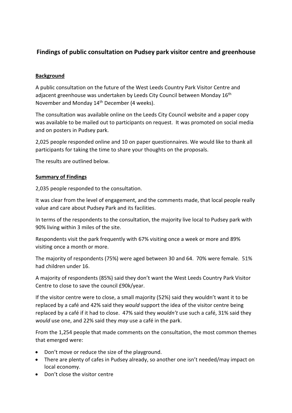 Findings of Public Consultation on Pudsey Park Visitor Centre and Greenhouse