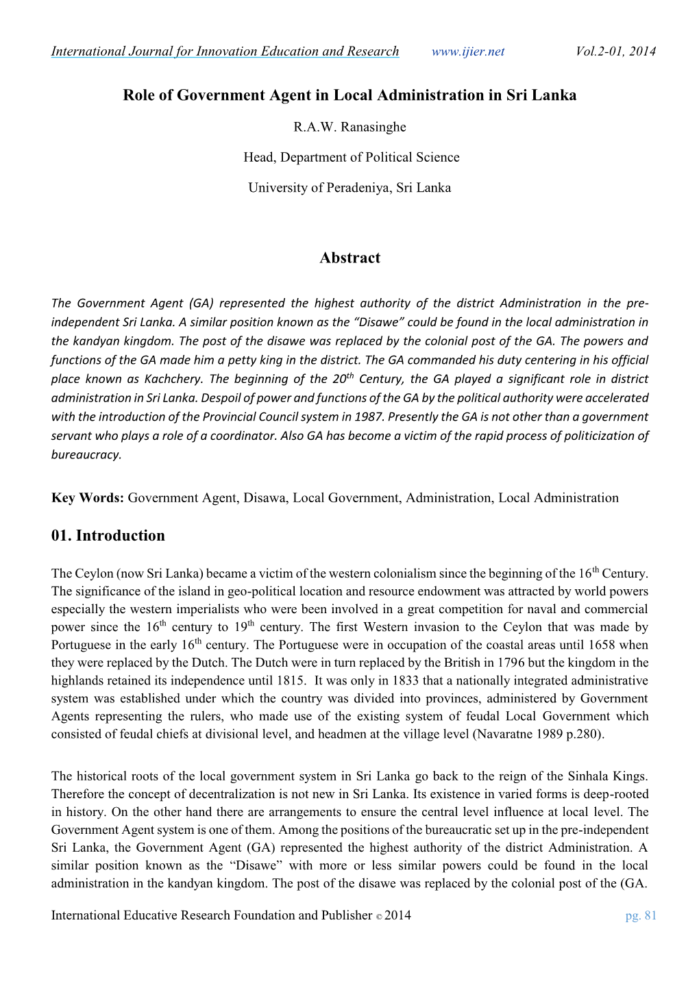 Role of Government Agent in Local Administration in Sri Lanka Abstract