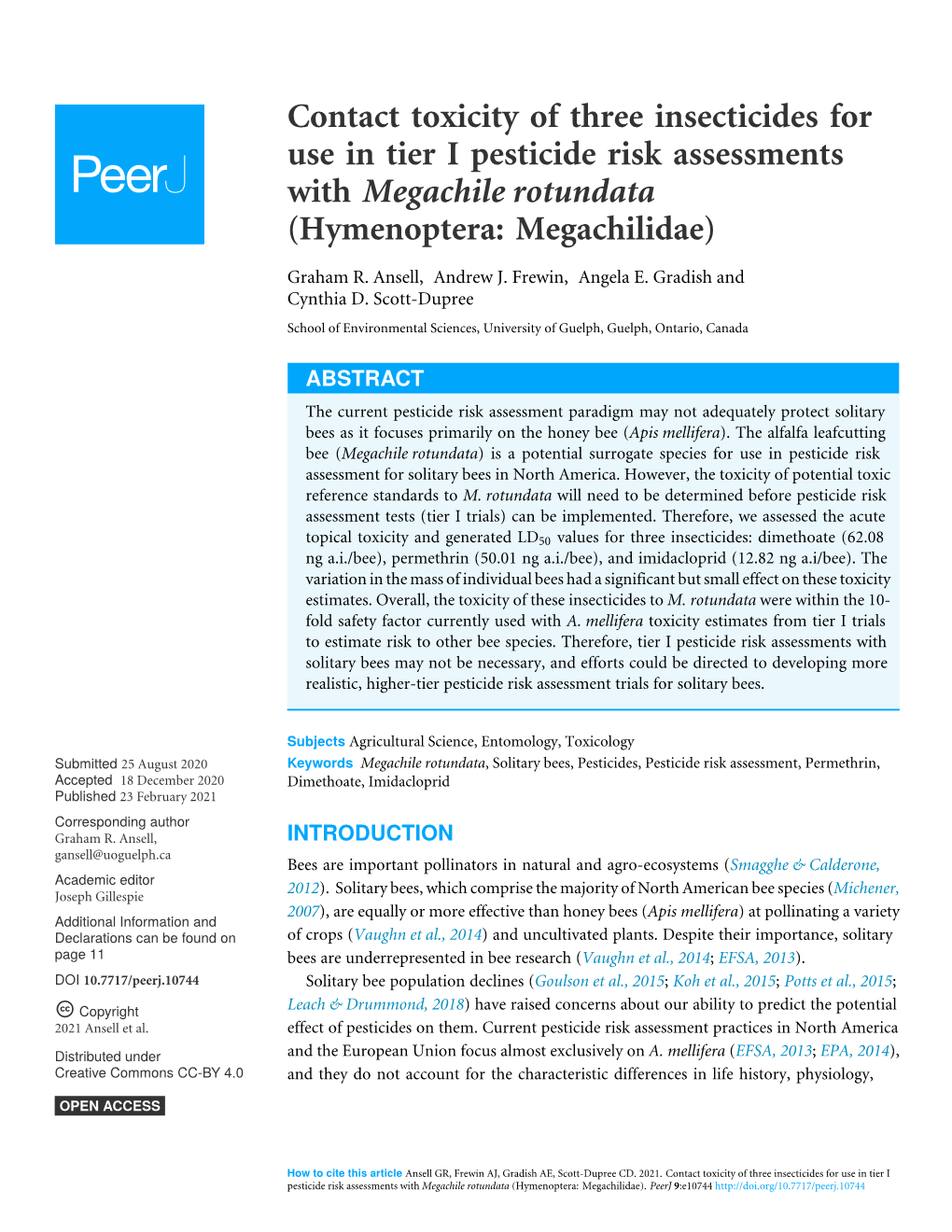 Contact Toxicity of Three Insecticides for Use in Tier I Pesticide Risk Assessments with Megachile Rotundata (Hymenoptera: Megachilidae)