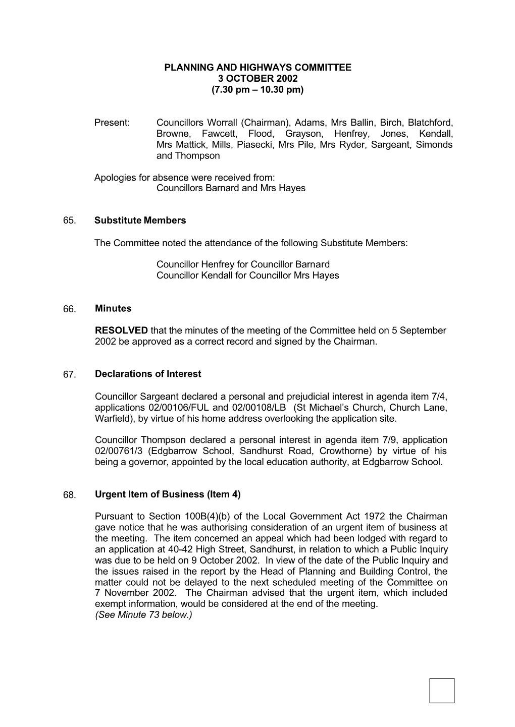 Planning & Highways Committee Minutes 3 Oct 2002