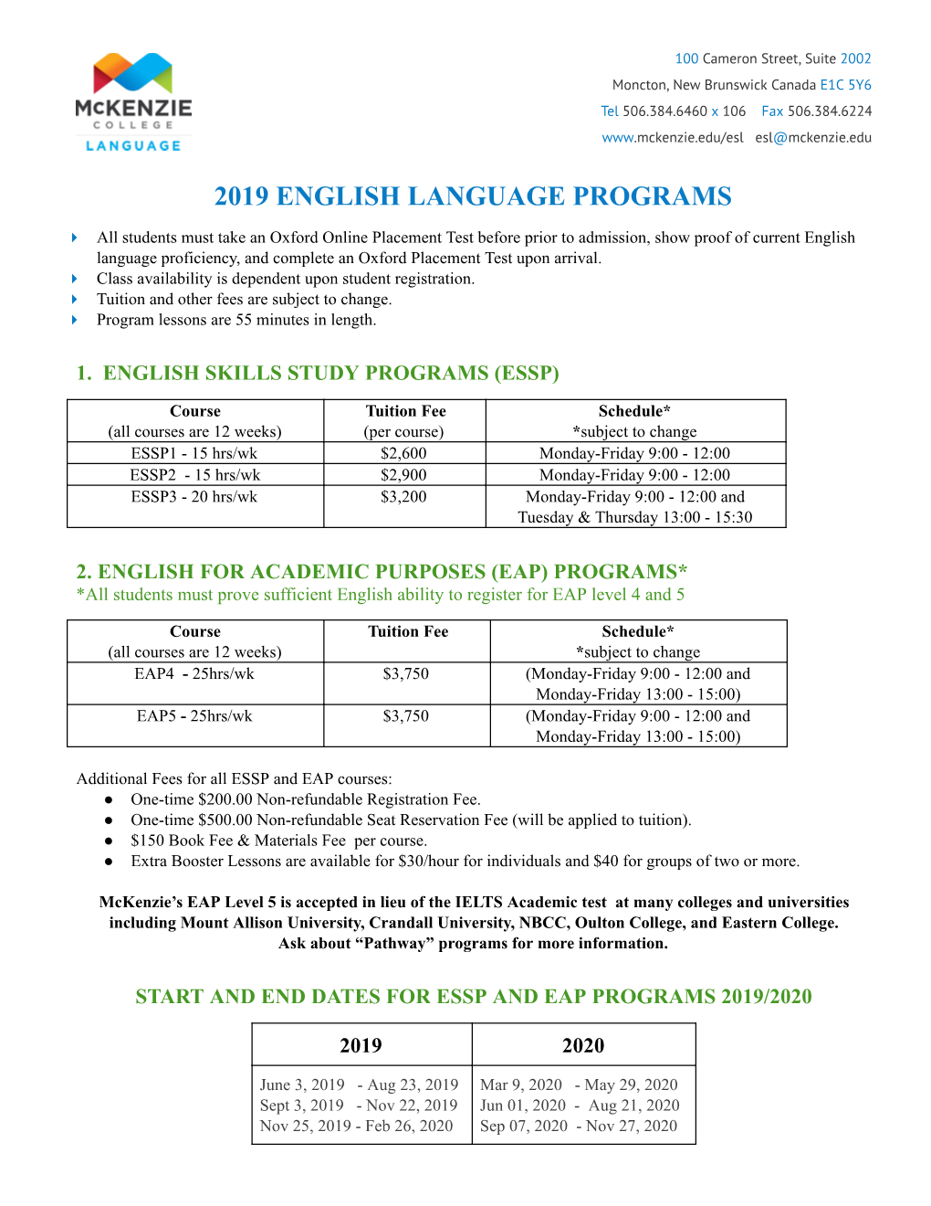 2019 English Language Programs