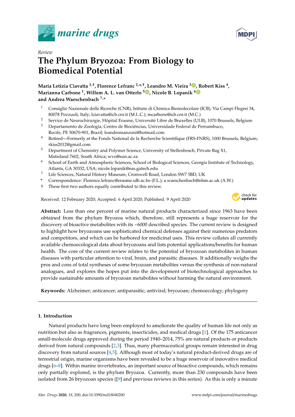 The Phylum Bryozoa: from Biology to Biomedical Potential