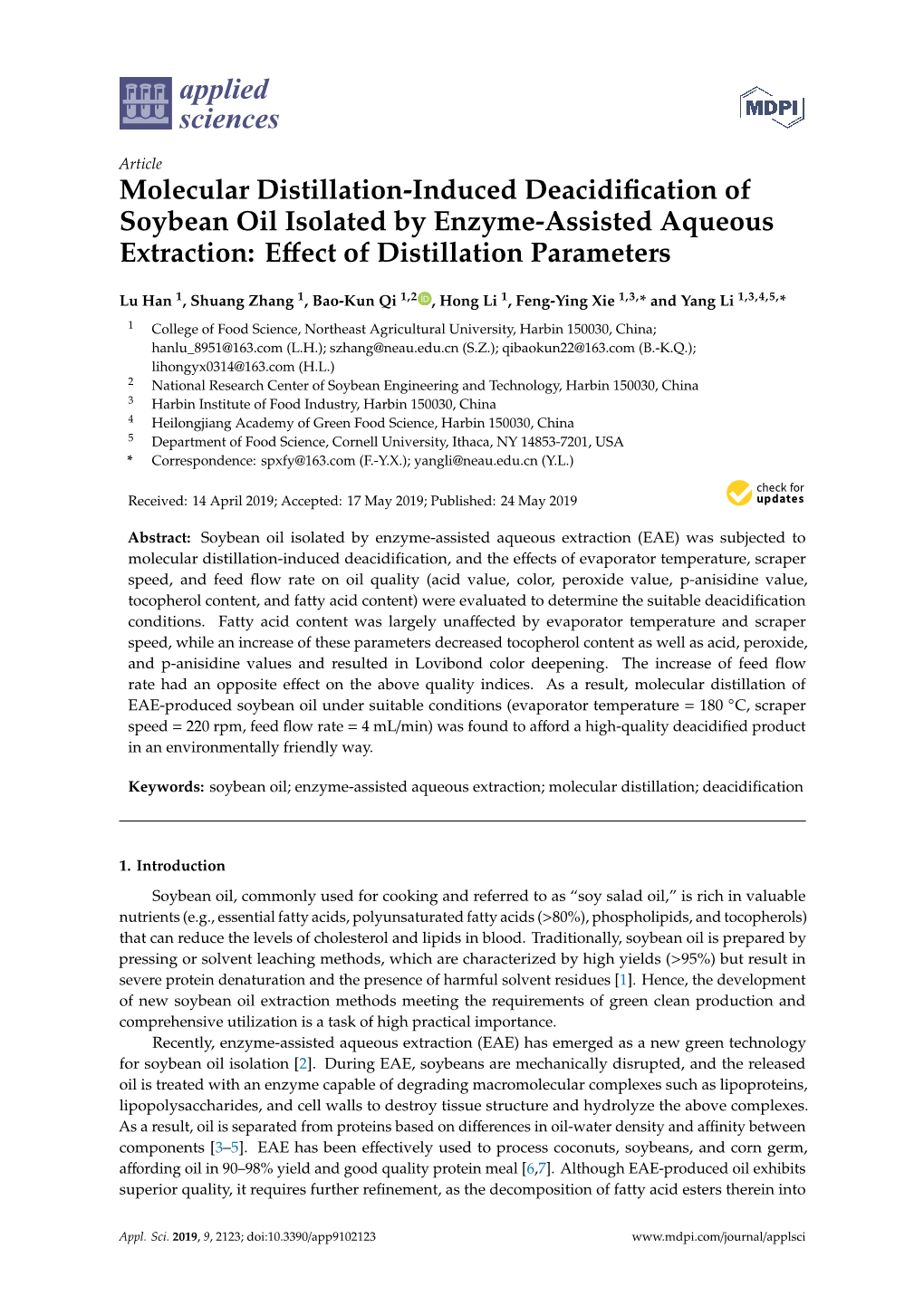 Molecular Distillation-Induced Deacidification of Soybean Oil