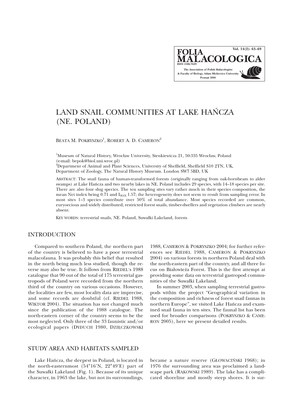 Land Snail Communities at Lake Hañcza (Ne. Poland)