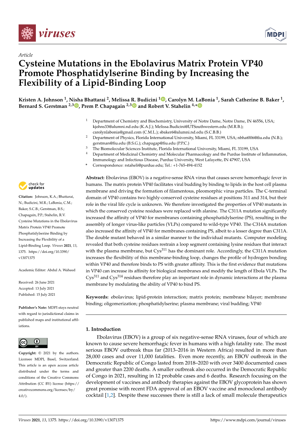 Cysteine Mutations in the Ebolavirus Matrix Protein VP40 Promote Phosphatidylserine Binding by Increasing the Flexibility of a Lipid-Binding Loop