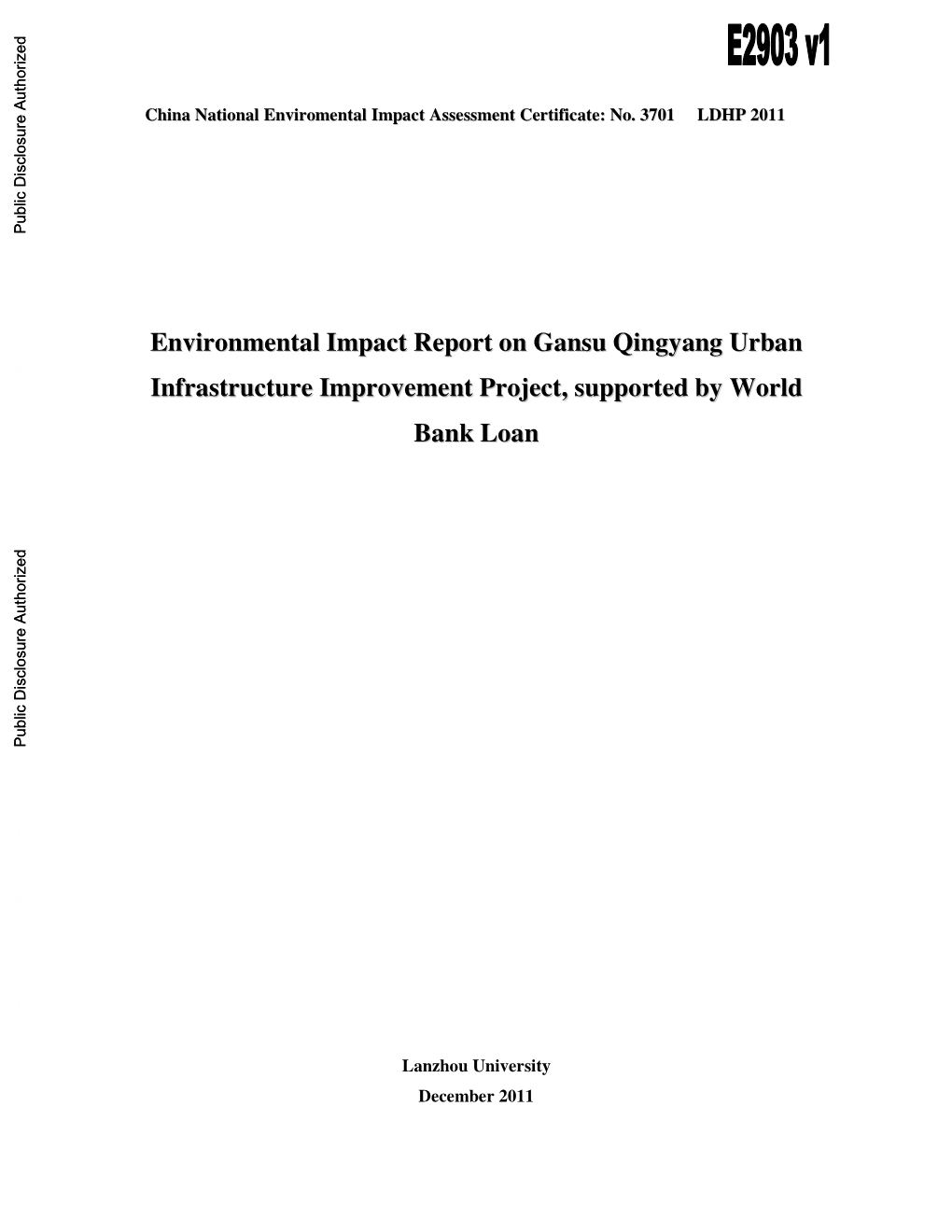 Environmental Impact Report on Gansu Qingyang Urban Infrastructure Improvement Project, Supported by World Bank Loan