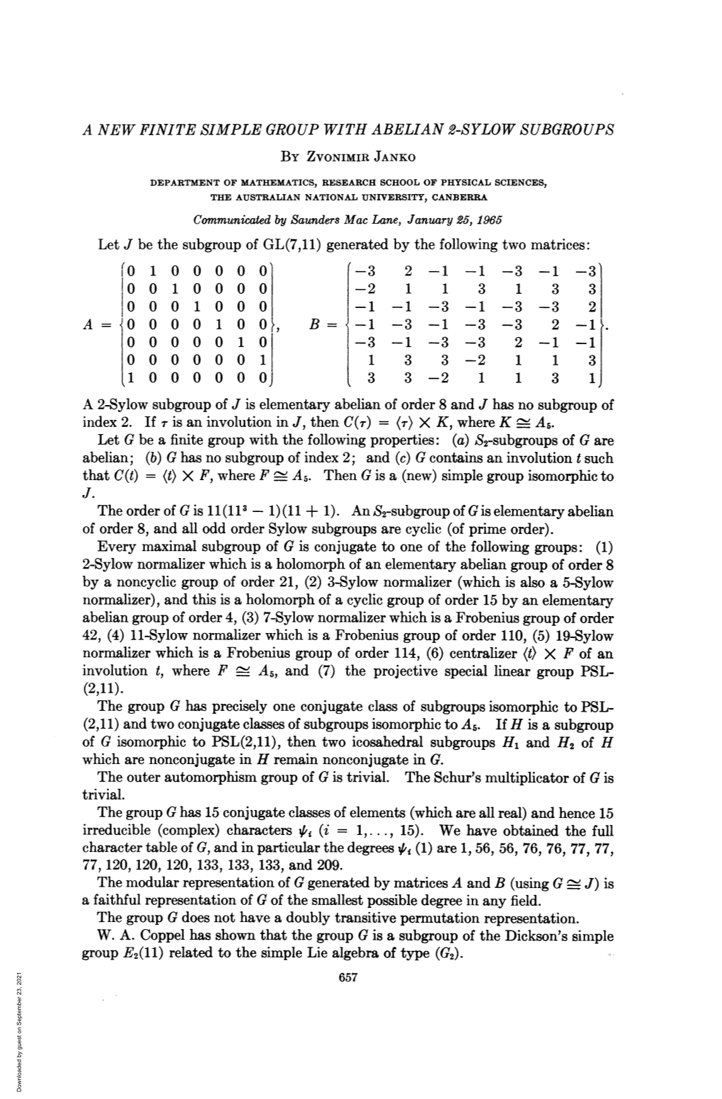 A5. Then G Is a (New) Simple Group Isomorphic to J